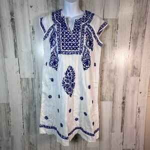 Roller Rabbit Linen Dress Size Small | White & Blue Embroidery | MSRP $178